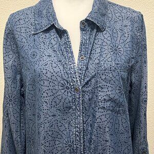 Christopher & Banks blue button down floral dotted print, denim look, Large